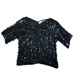 Vintage Lilli Diamond Black Sequin V Neck Silk Blouse Short Sleeve Size Medium